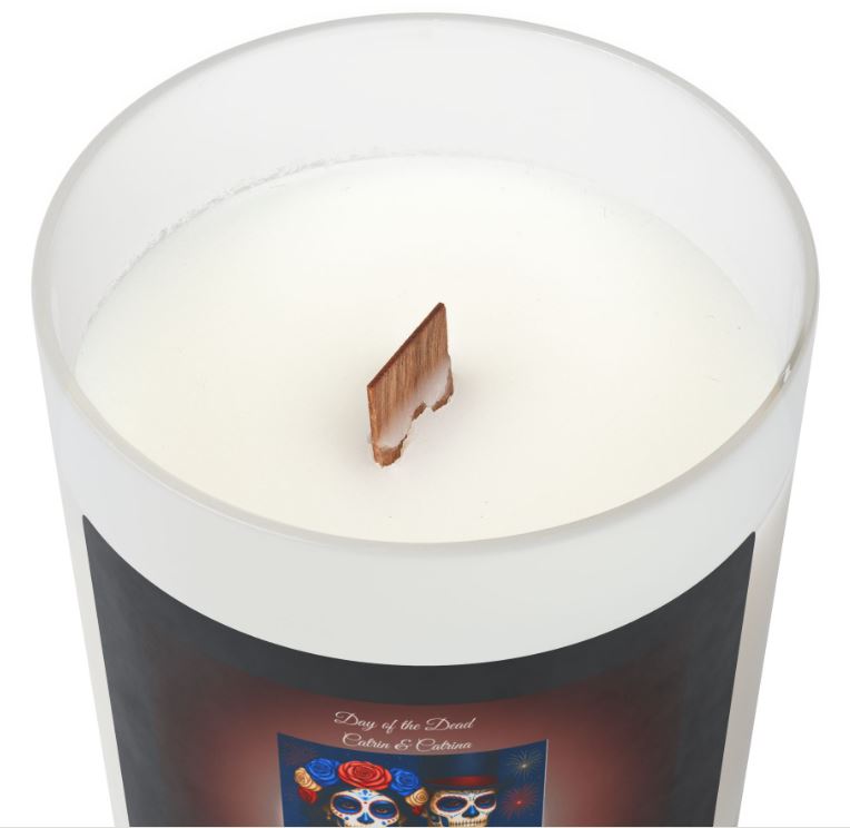 Wooden wick close up candle eco friendly crackling wick detail frosted glass candle
