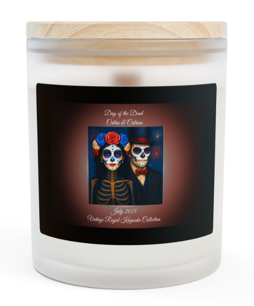 Day of the Dead July candle Catrin and Catrina blue design wooden wick candle Noni Ross Creations