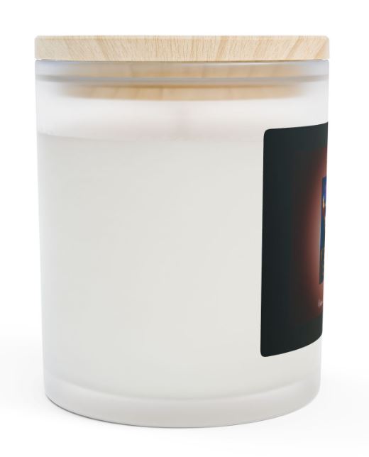 Day of the Dead candle left side view frosted glass wooden wick candle design