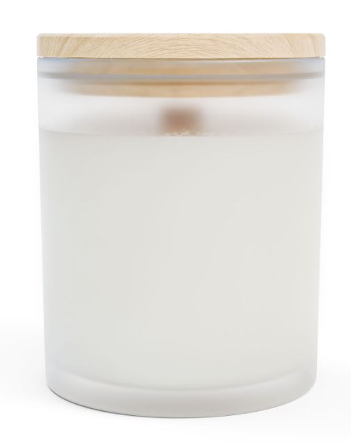 Frosted glass candle back view wooden wick coconut soy wax maple lid candle