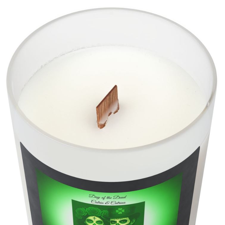 Wooden wick close up candle eco friendly crackling wick detail frosted glass candle