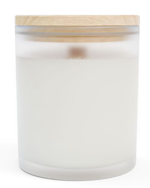 Frosted glass candle back view wooden wick coconut soy wax maple lid candle