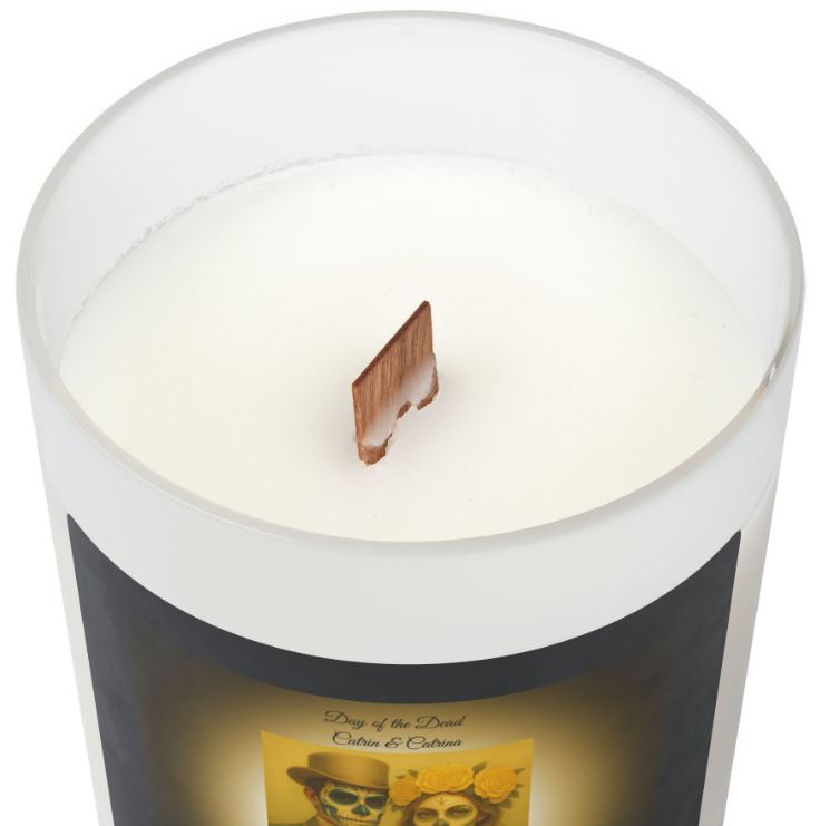 Wooden wick close up candle eco friendly crackling wick detail frosted glass candle
