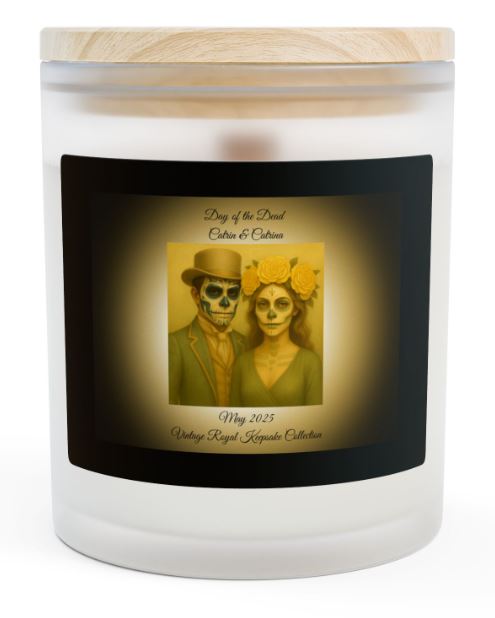 Day of the Dead May candle Catrin and Catrina blue design wooden wick candle Noni Ross Creations