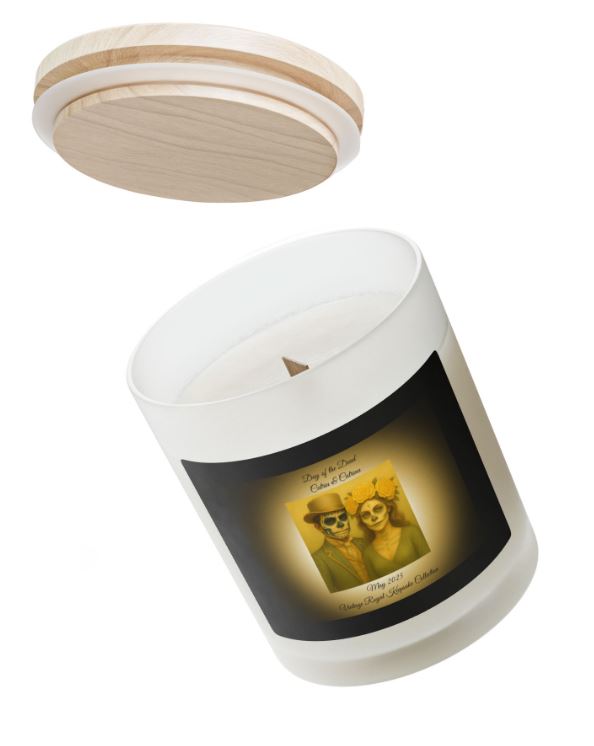 Frosted glass candle wooden wick cozy setting mockup relaxation candle scene