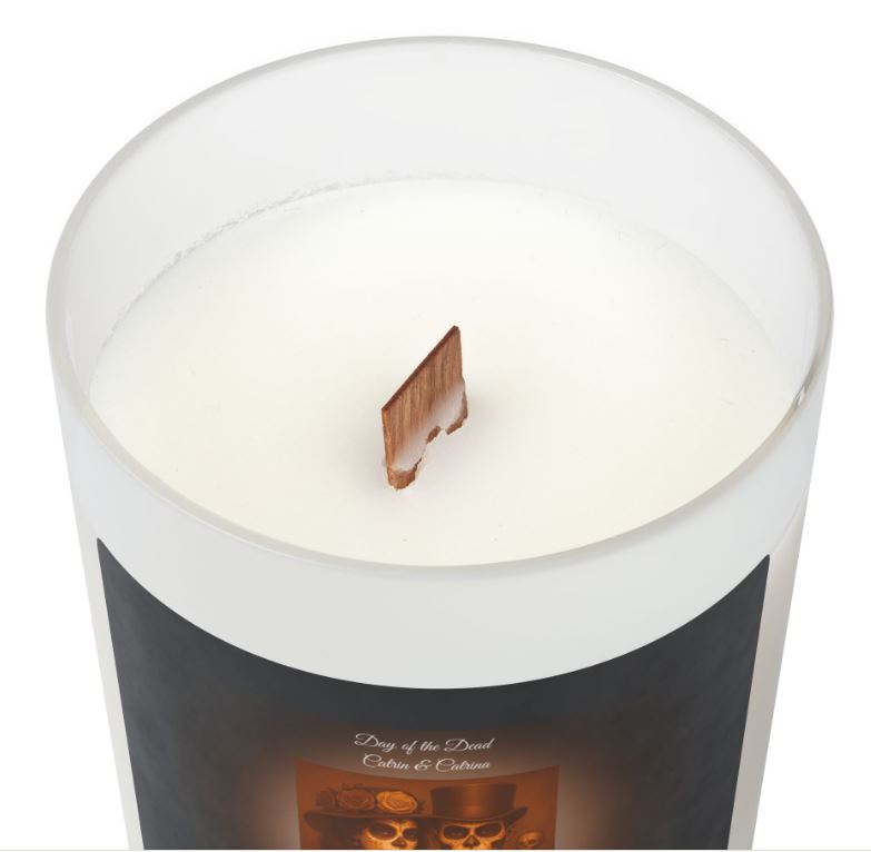 Wooden wick close up candle eco friendly crackling wick detail frosted glass candle
