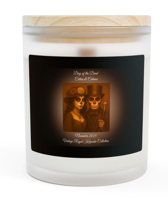 Day of the Dead November candle Catrin and Catrina blue design wooden wick candle Noni Ross Creations