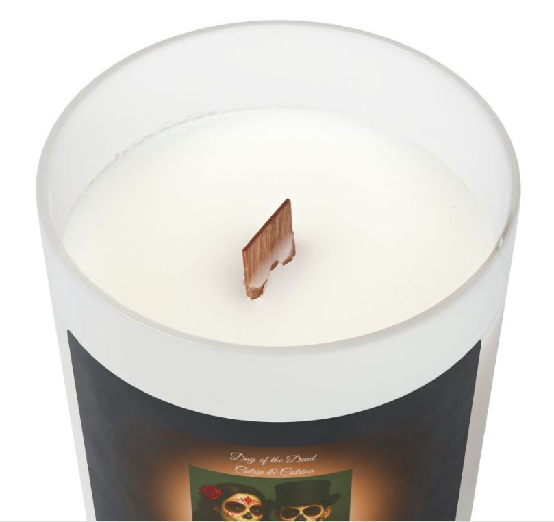 Wooden wick close up candle eco friendly crackling wick detail frosted glass candle