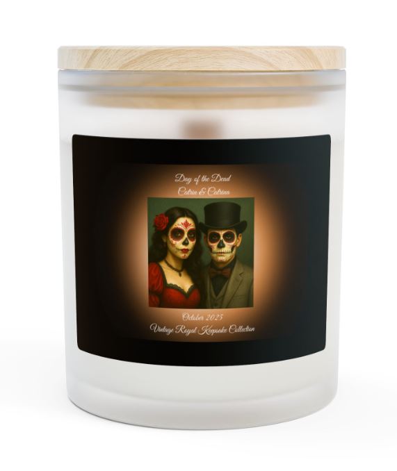 Day of the Dead January candle Catrin and Catrina blue design wooden wick candle Noni Ross Creations