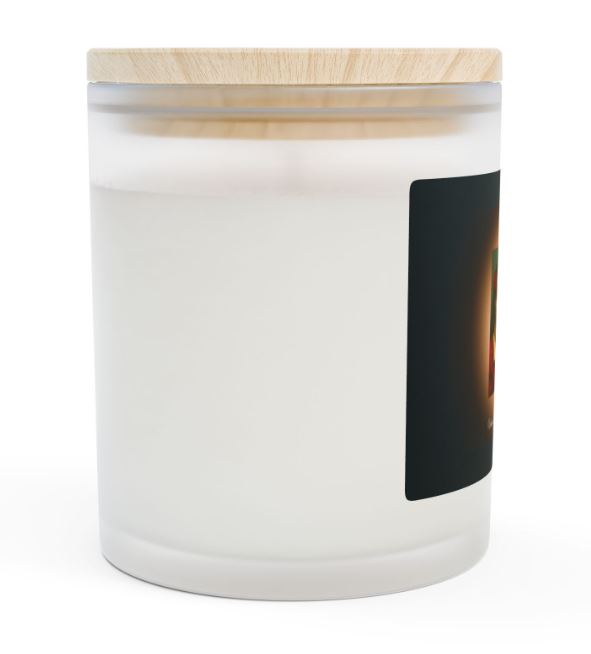 Day of the Dead candle left side view frosted glass wooden wick candle design