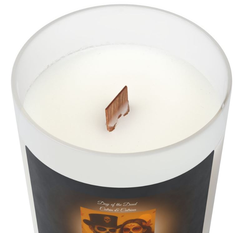 Wooden wick close up candle eco friendly crackling wick detail frosted glass candle