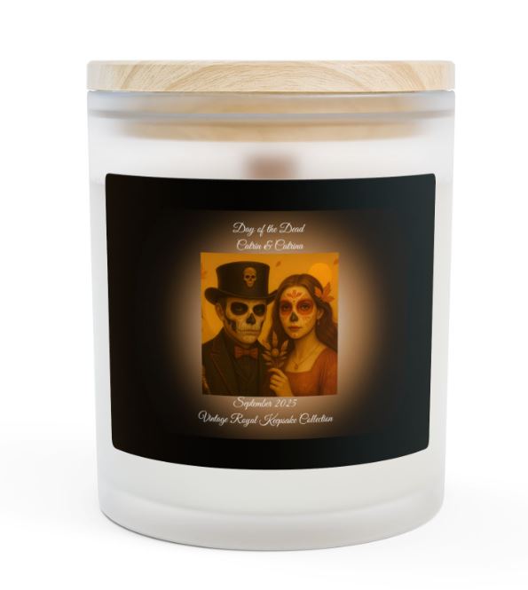 Day of the Dead September candle Catrin and Catrina blue design wooden wick candle Noni Ross Creations
