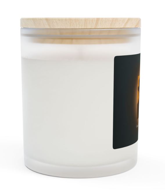 Day of the Dead candle left side view frosted glass wooden wick candle design