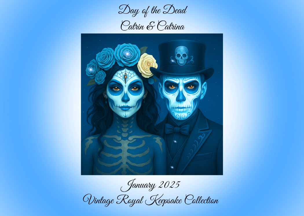 January day of the dead couple wine glass 12oz with blue catrin and catrina vintage keepsake design