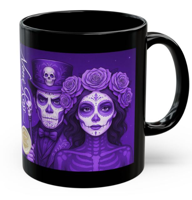 April Day of the Dead couple mug purple sugar skull king queen 11oz ceramic Noni Ross Creations