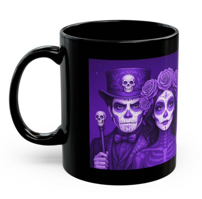 April purple gothic couple mug sugar skull king queen side view ceramic mug