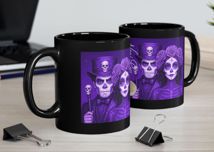April gothic couple mug purple sugar skull design kitchen mockup