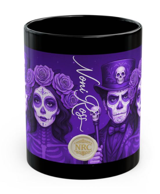 April purple gothic couple mug spine view no handle sugar skull king queen