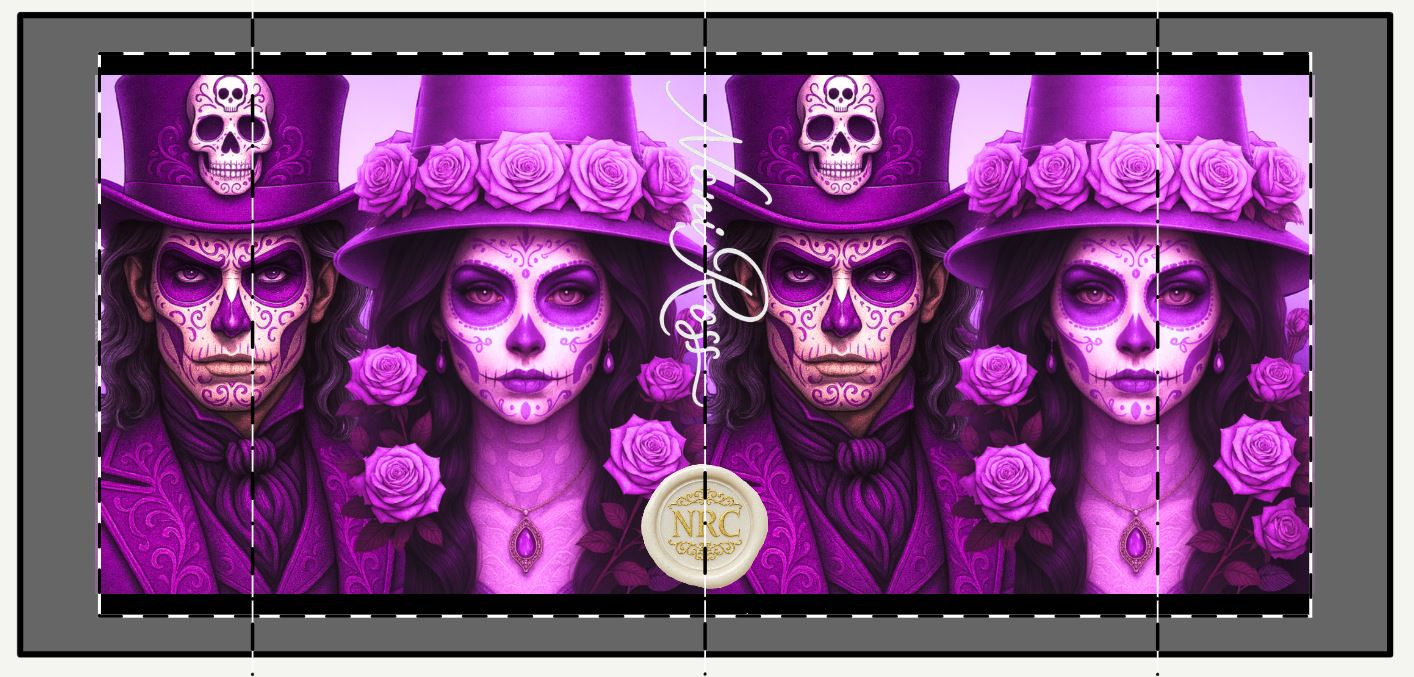August Day of the Dead couple mug close up pink violet sugar skull faces bold gothic art