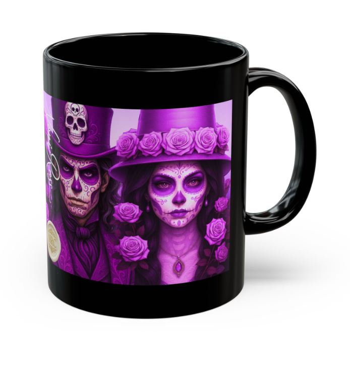 August Day of the Dead couple mug pink violet sugar skull king queen 11oz ceramic Noni Ross Creations