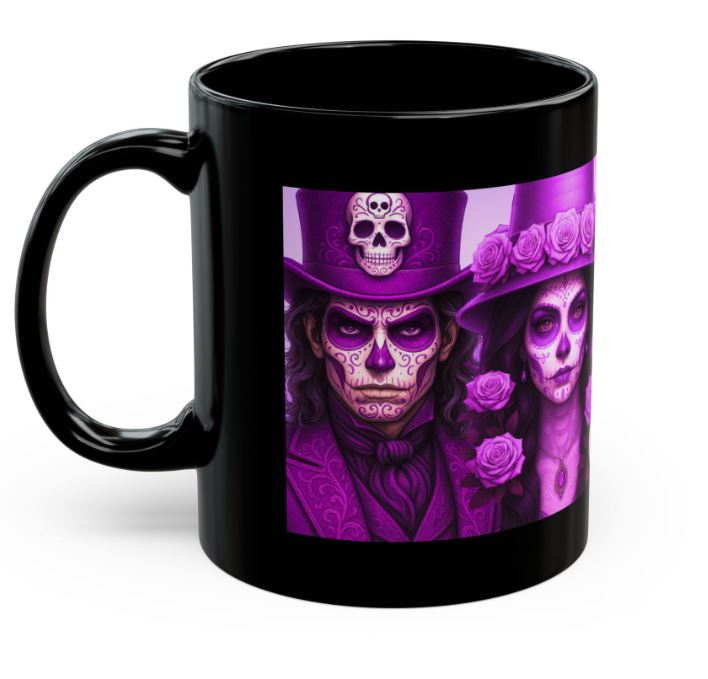 August pink gothic couple mug sugar skull king queen vibrant side view ceramic mug