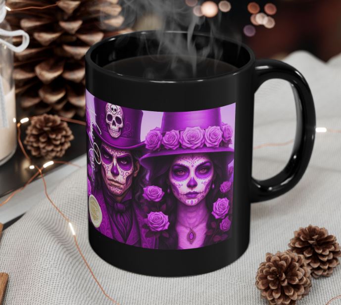 August pink Day of the Dead couple mug styled mockup sugar skull king queen vibrant