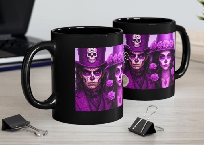 August gothic couple mug pink violet sugar skull design kitchen mockup