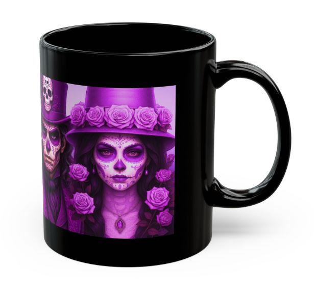 August sugar skull couple mug pink violet Day of the Dead king queen right side view