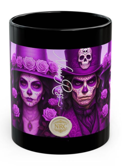 August pink gothic couple mug spine view no handle sugar skull king queen