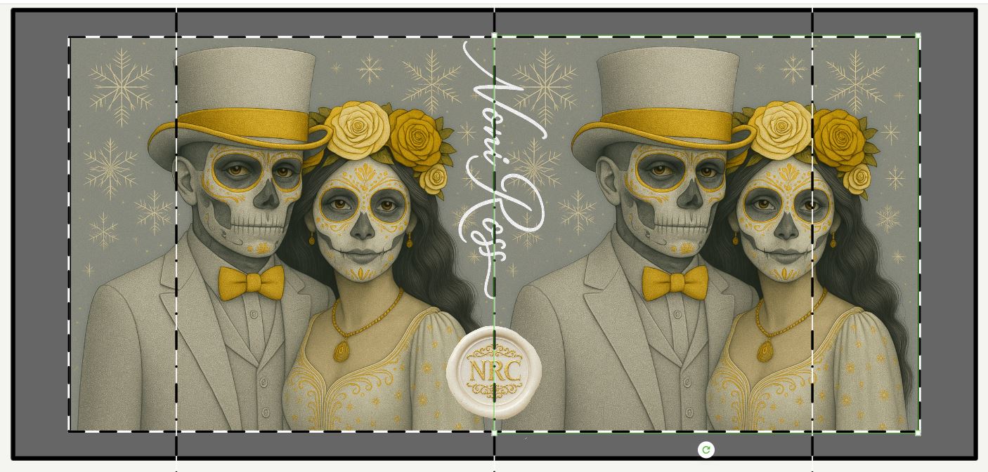 December Day of the Dead couple mug close up winter sugar skull faces snowflake theme