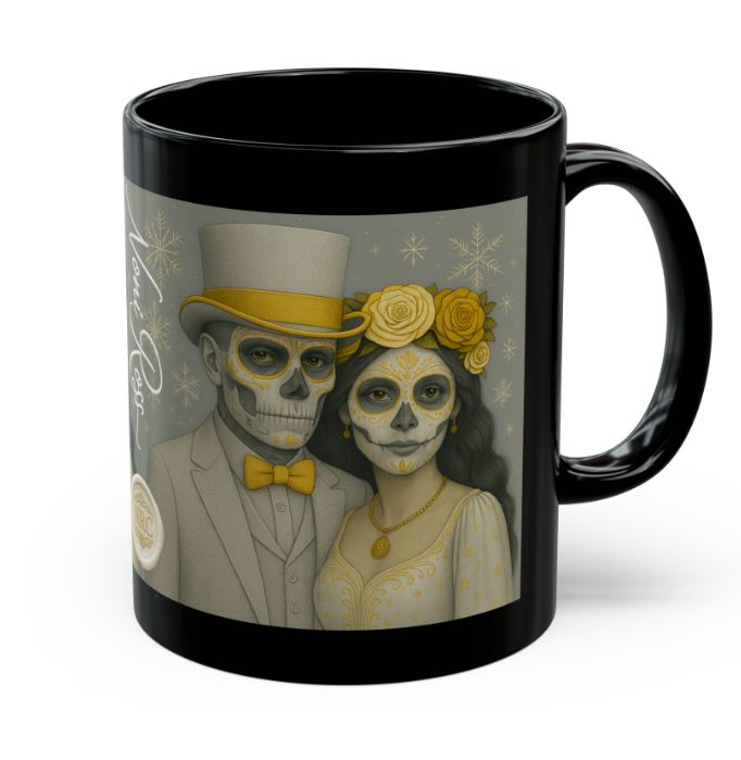 December Day of the Dead couple mug winter snowflake sugar skull king queen 11oz ceramic Noni Ross Creations
