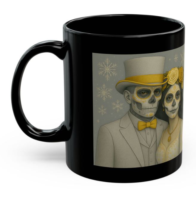 December winter gothic couple mug sugar skull king queen snowflake side view ceramic mug