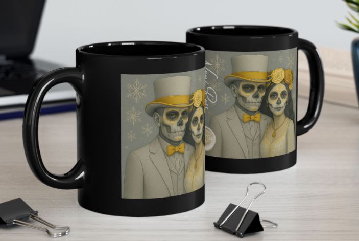 December gothic winter couple mug snowflake sugar skull design kitchen mockup