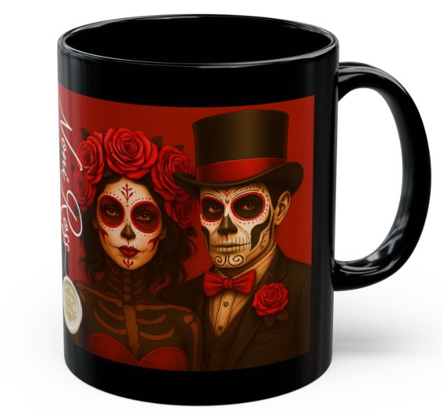 February Day of the Dead couple mug red sugar skull king queen 11oz ceramic Noni Ross Creations front