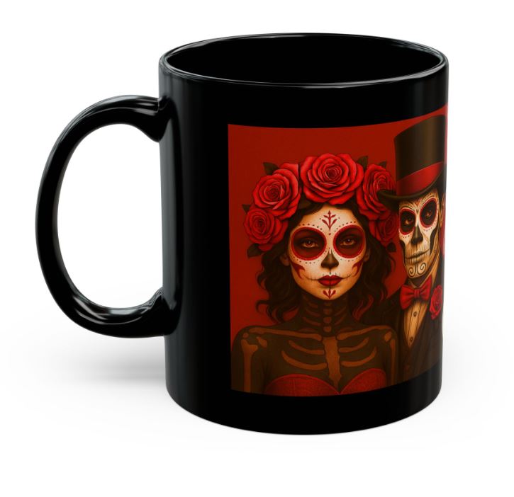 February red gothic couple mug sugar skull king queen side view ceramic coffee mug