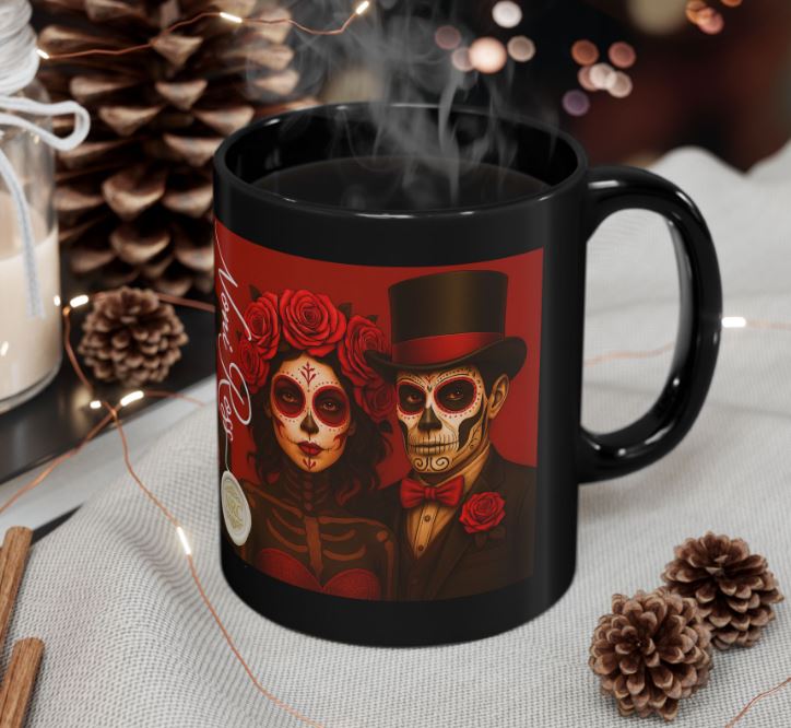 February red Day of the Dead couple mug styled mockup sugar skull king queen display
