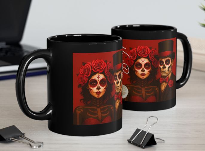 February romantic gothic couple mug red sugar skull design kitchen mockup