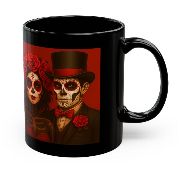 February sugar skull couple mug red Day of the Dead king queen right side view ceramic mug