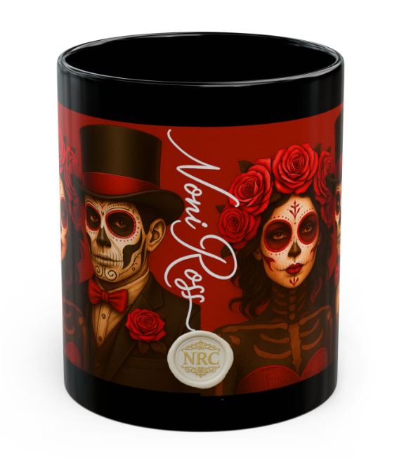 February red gothic couple mug spine view no handle sugar skull king queen ceramic