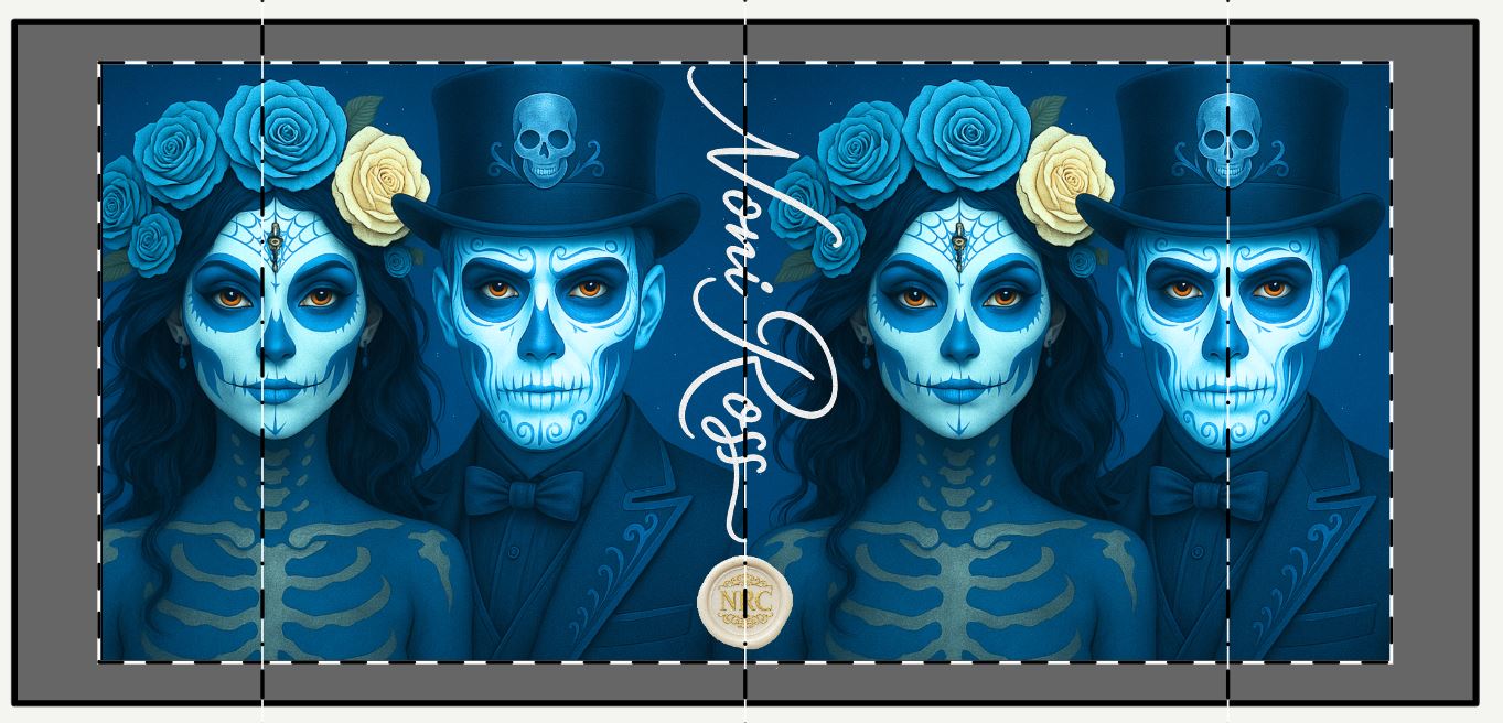 January Day of the Dead couple mug close up blue sugar skull faces detailed gothic artwork