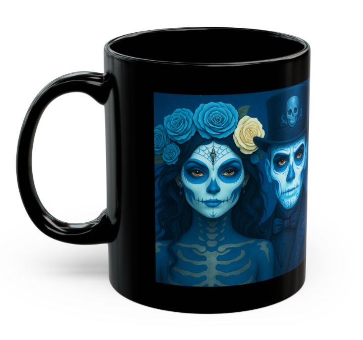 January blue Day of the Dead couple mug side view sugar skull king queen gothic ceramic coffee mug