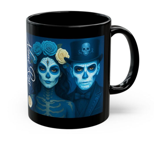 January Day of the Dead couple mug blue sugar skull king queen 11oz ceramic Noni Ross Creations front view
