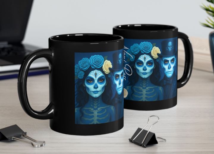 January gothic couple mug blue sugar skull design styled kitchen mockup ceramic mug