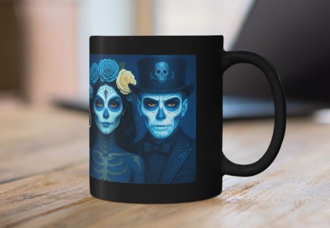 January Day of the Dead mug blue couple design mockup Noni Ross Creations sugar skull artwork