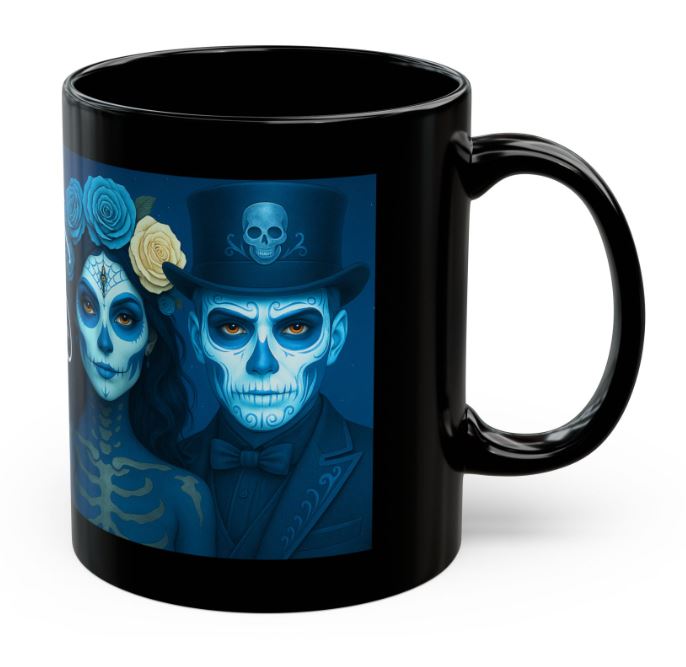January sugar skull couple mug blue gothic king queen 11oz ceramic right side view Noni Ross Creations