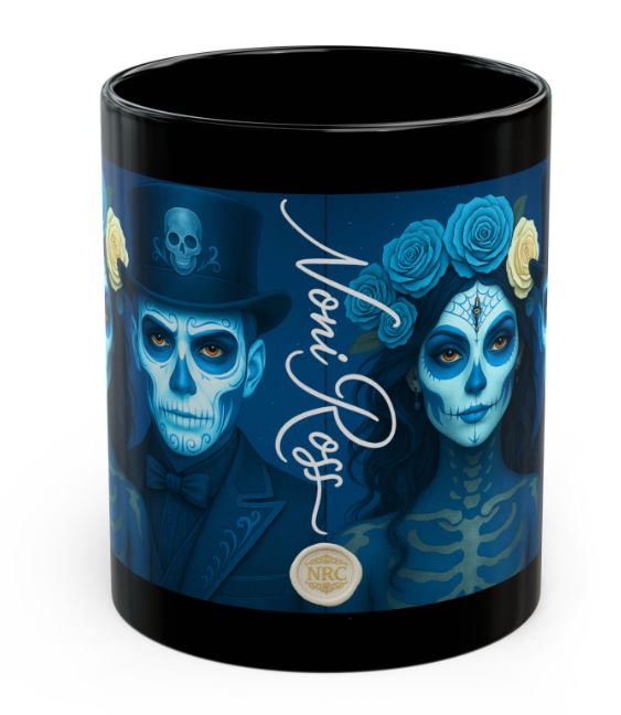 January blue gothic couple mug spine view no handle sugar skull king queen ceramic mug