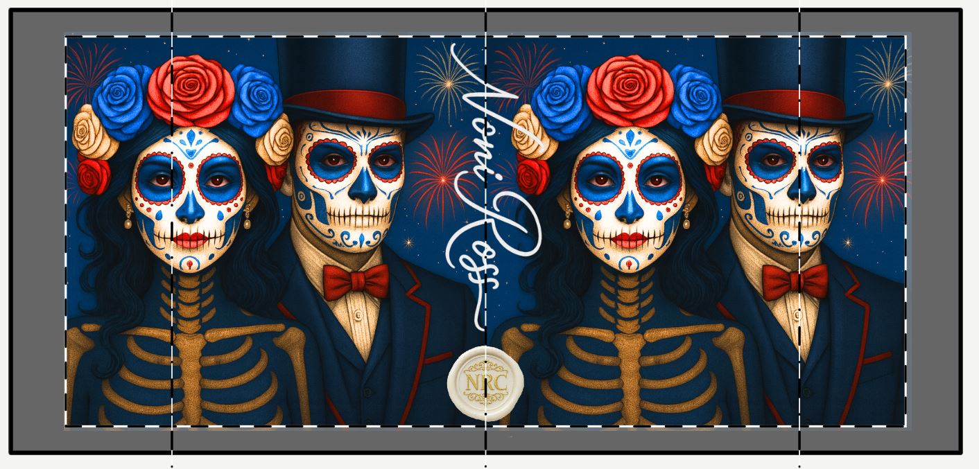 July Day of the Dead couple mug close up patriotic sugar skull faces fireworks background