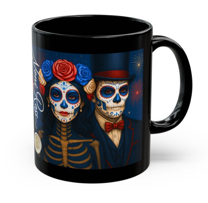 July Day of the Dead couple mug patriotic sugar skull king queen fireworks 11oz ceramic Noni Ross Creations