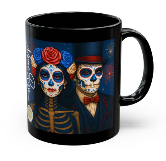 July Day of the Dead couple mug patriotic sugar skull king queen fireworks 11oz ceramic Noni Ross Creations