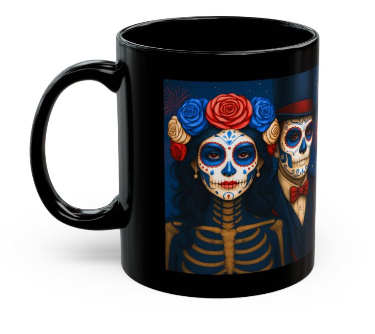 July patriotic gothic couple mug sugar skull king queen fireworks side view ceramic mug